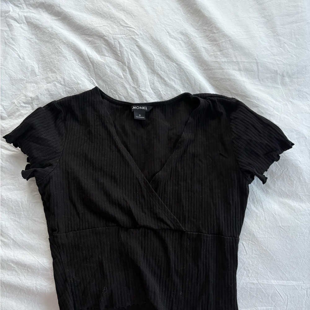 Monki Black Wrap Ruffled Crop Top